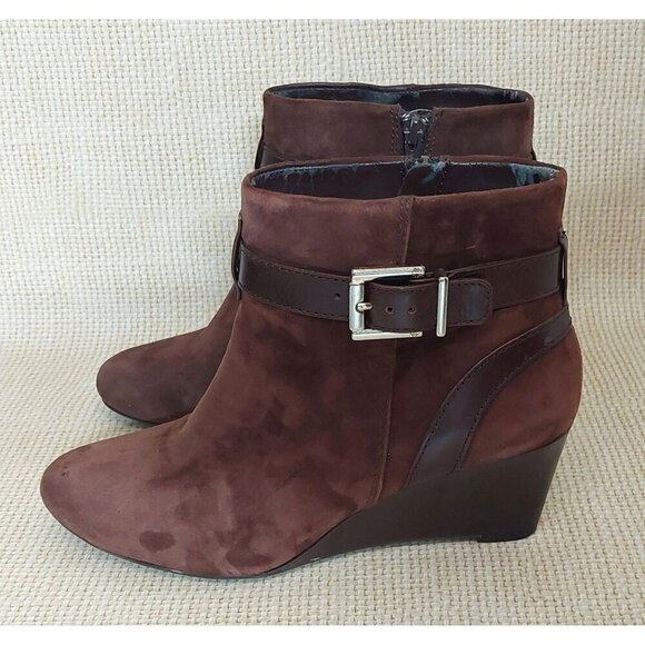 Trendy Brown Suede Leather Antonio Milano Wedge Boots Booties Zip Buckle Size 8 - Picture 6 of 13